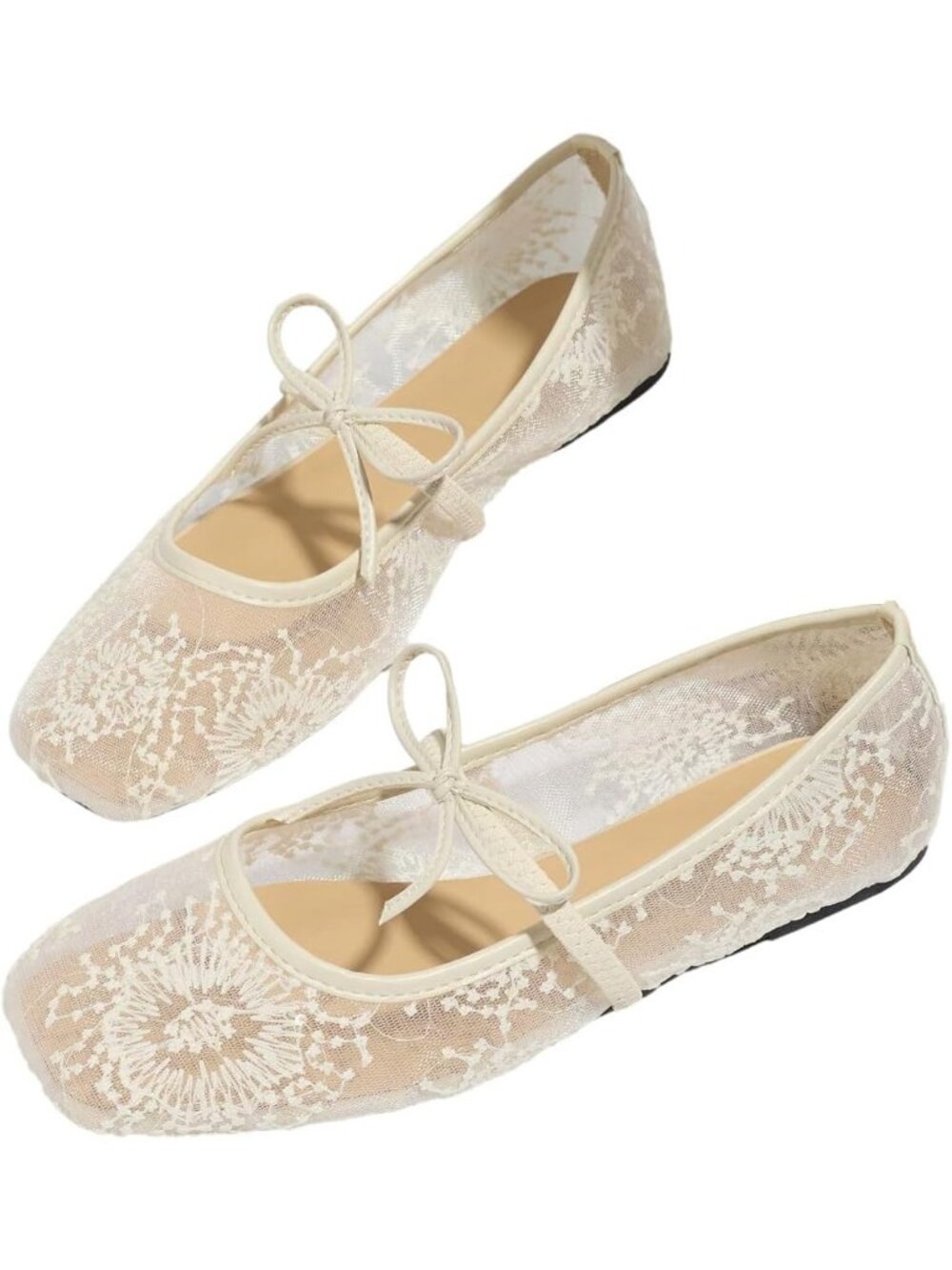 Women's White Polka Dots Mesh Ballet Flats Cute Lace Ballerina Closed Toe Shoes